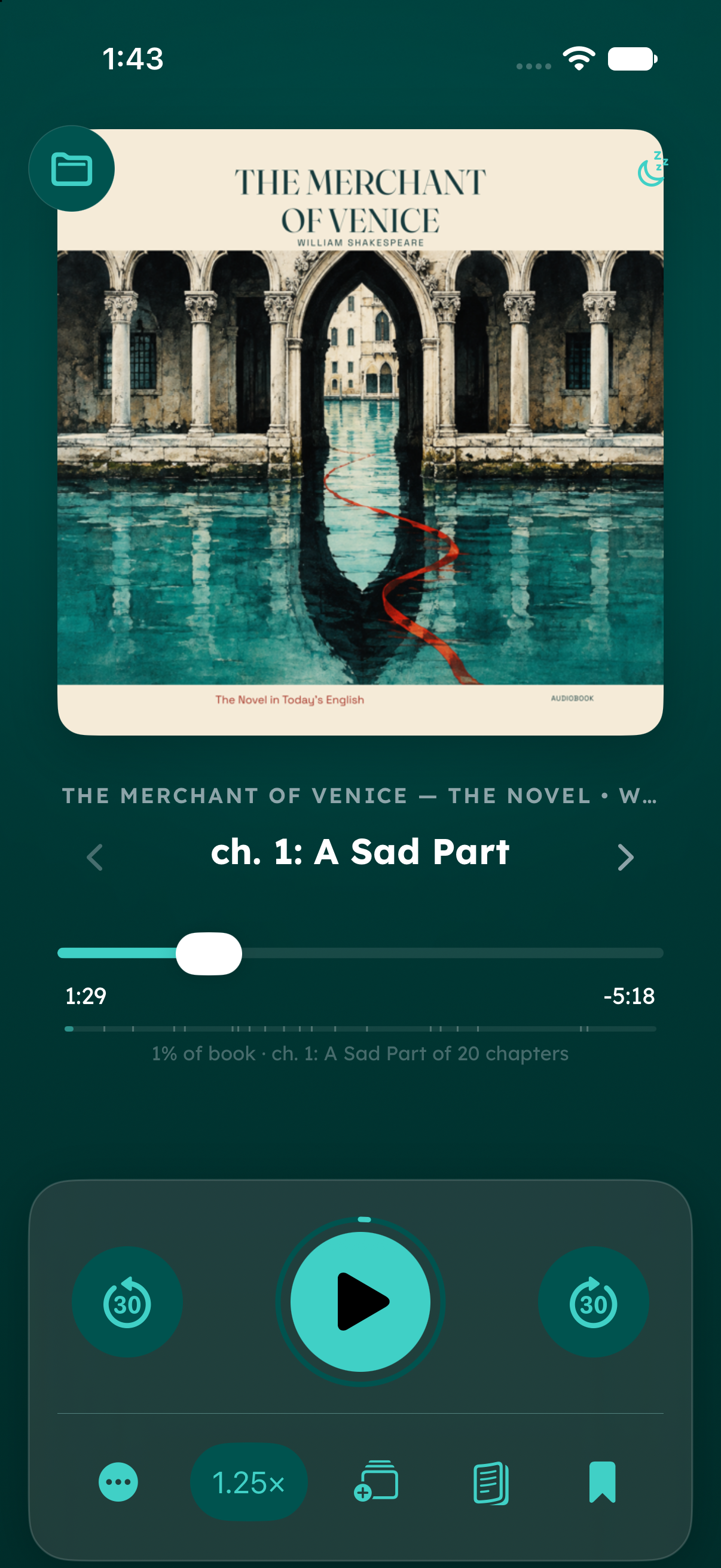 Echo Now Playing screen for The Merchant of Venice — The Novel, with teal colours drawn from its square audiobook cover