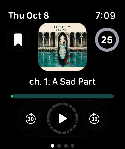 Echo Apple Watch playback controls for The Merchant of Venice — The Novel, with its square audiobook cover
