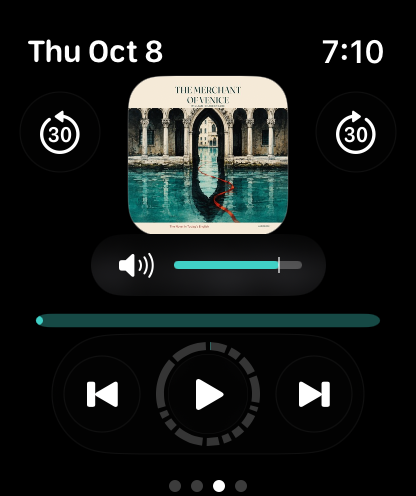 Echo Apple Watch volume controls for The Merchant of Venice — The Novel, with teal accents