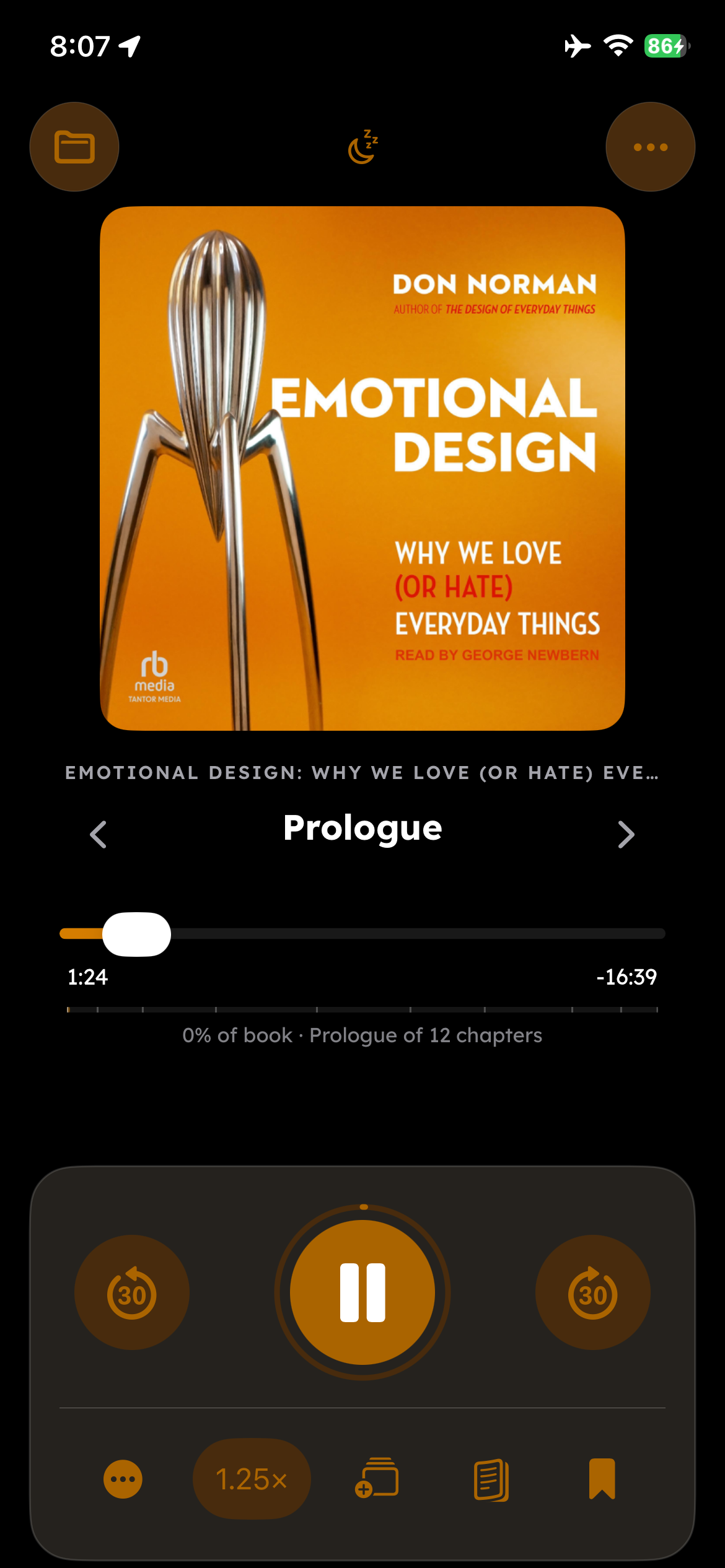 Echo Now Playing screen tinted orange from the cover of Emotional Design